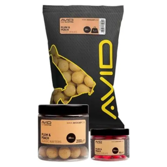 Disponibil imediat Boilies Avid Carp Classic Plum Peach Pop-Ups 14mm/50g