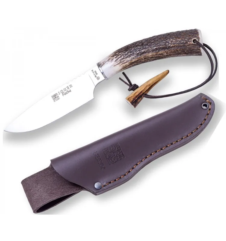 Doar azi Cutit Joker Flecha cu teaca piele, lama 12.5 cm otel inox, maner corn cerb